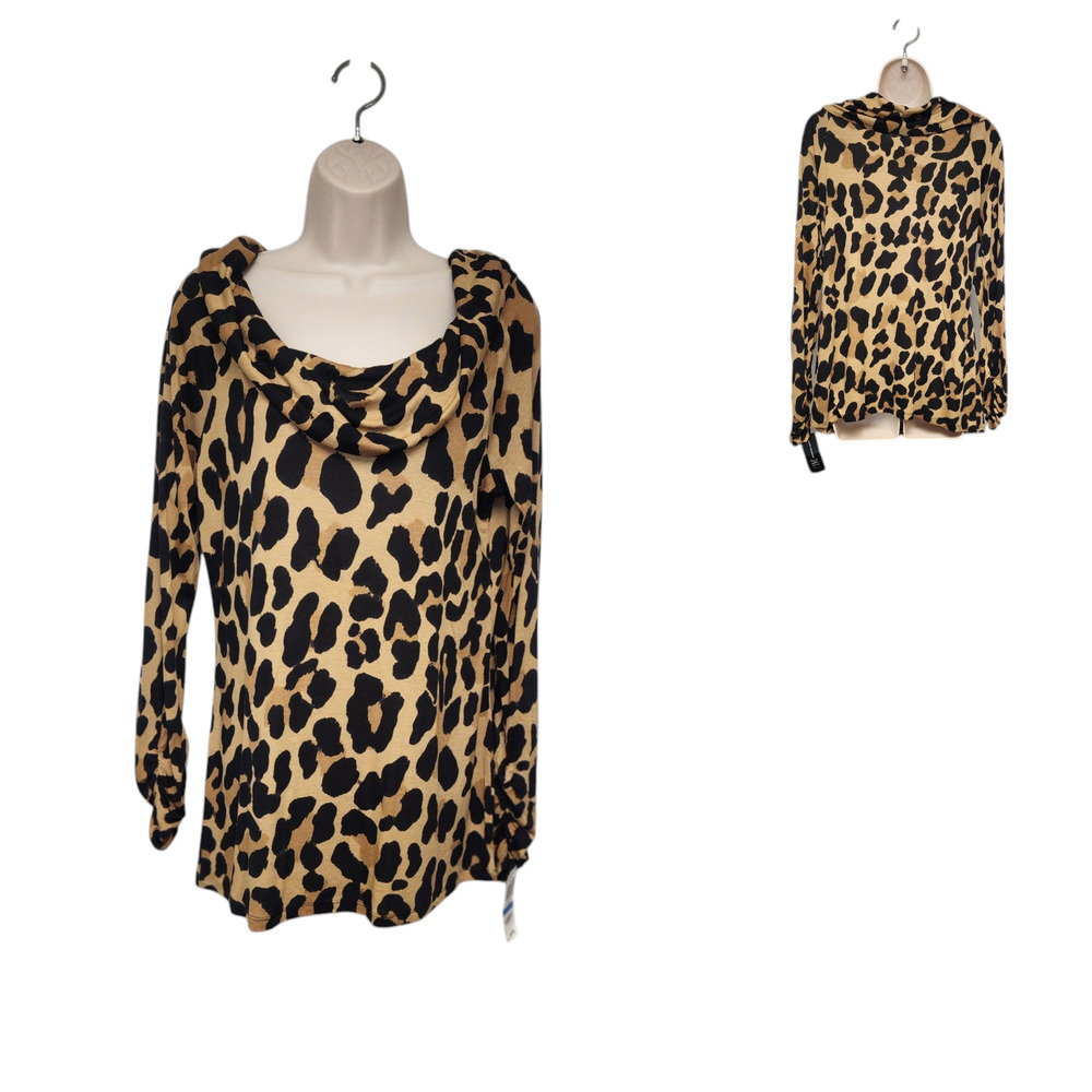 INC Animal Print Cowl Neck Long Sleeves Tunic Blouse Brown/Black XL